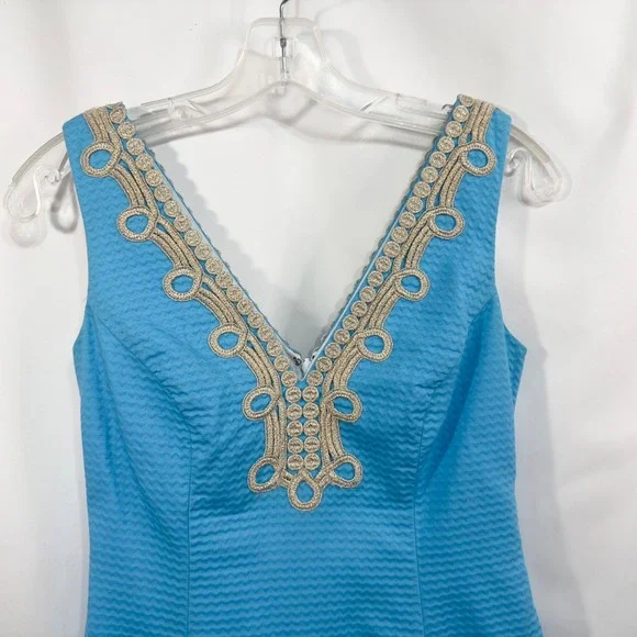 Lilly Pulitzer Size 00 Sheath Dress Sleeveless Textured Gold Trim Blue 797